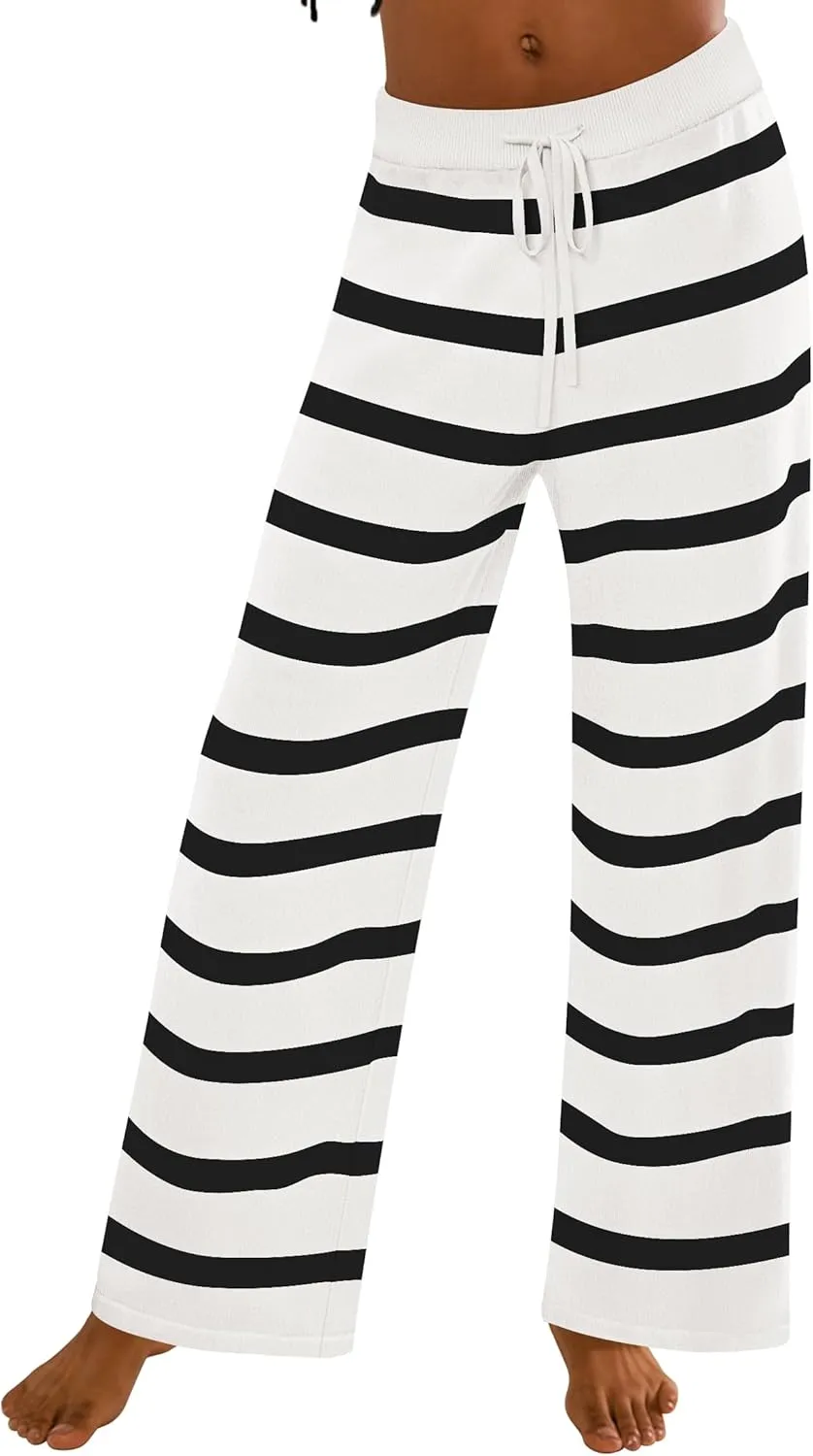 ZESICA Womens Casual Striped Wide Leg Pants Elastic Waist Drawstring Knit Loose Soft Pajama Lounge Pants Fall Clothes