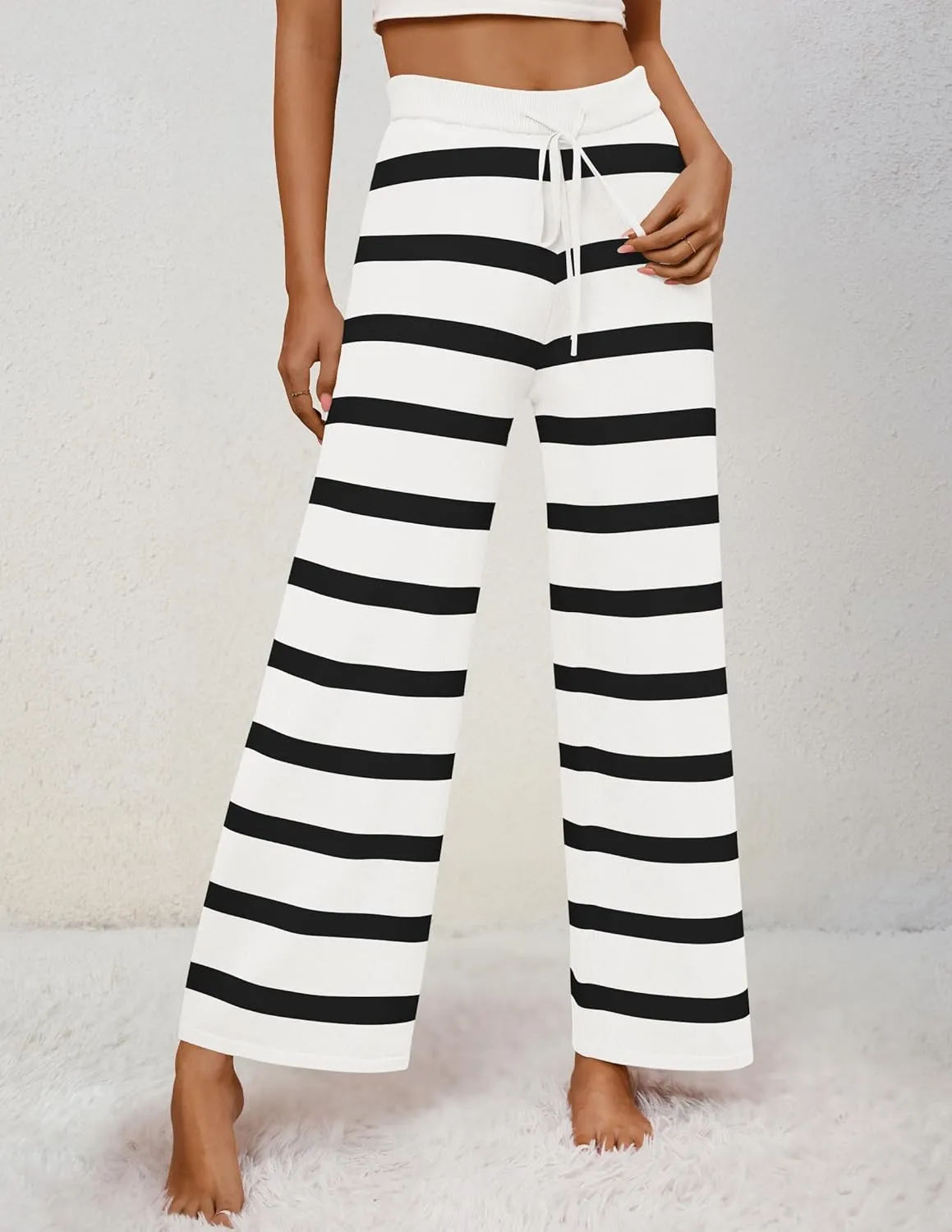ZESICA Womens Casual Striped Wide Leg Pants Elastic Waist Drawstring Knit Loose Soft Pajama Lounge Pants Fall Clothes