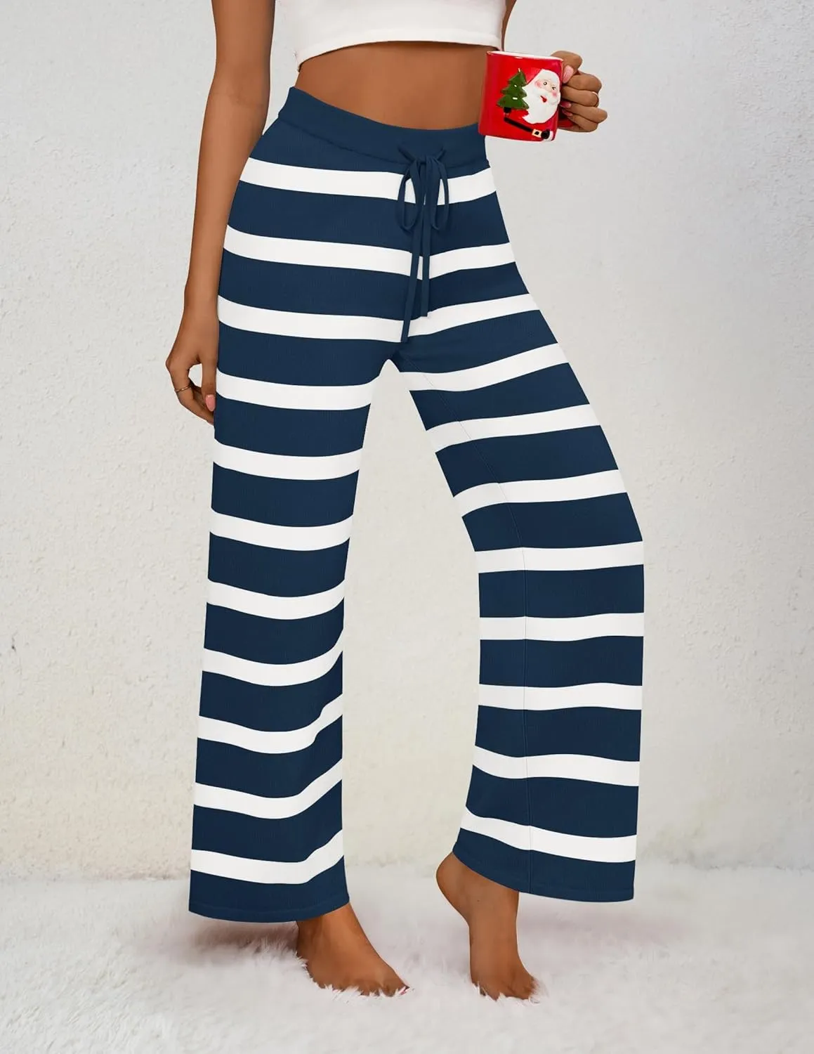 ZESICA Womens Casual Striped Wide Leg Pants Elastic Waist Drawstring Knit Loose Soft Pajama Lounge Pants Fall Clothes