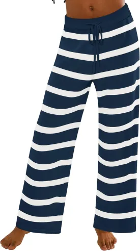 ZESICA Womens Casual Striped Wide Leg Pants Elastic Waist Drawstring Knit Loose Soft Pajama Lounge Pants Fall Clothes