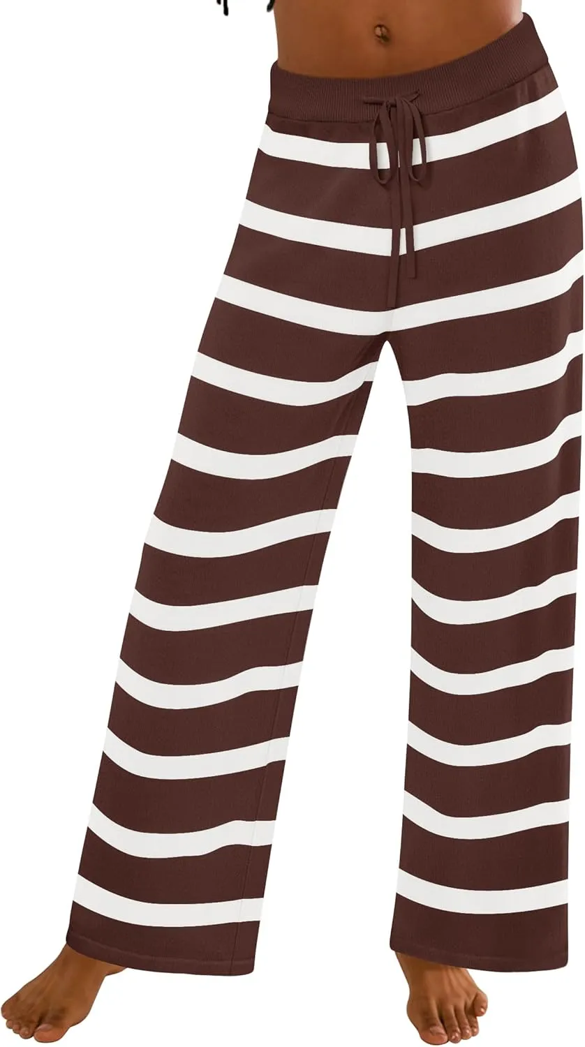 ZESICA Womens Casual Striped Wide Leg Pants Elastic Waist Drawstring Knit Loose Soft Pajama Lounge Pants Fall Clothes