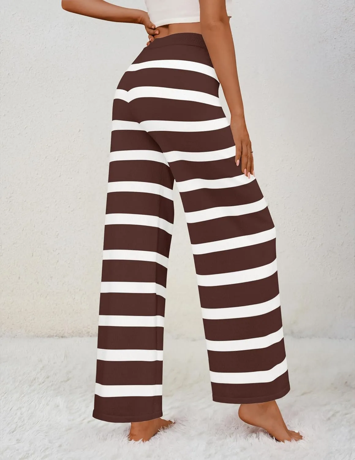 ZESICA Womens Casual Striped Wide Leg Pants Elastic Waist Drawstring Knit Loose Soft Pajama Lounge Pants Fall Clothes