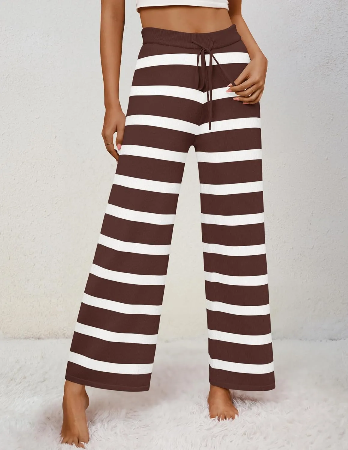 ZESICA Womens Casual Striped Wide Leg Pants Elastic Waist Drawstring Knit Loose Soft Pajama Lounge Pants Fall Clothes