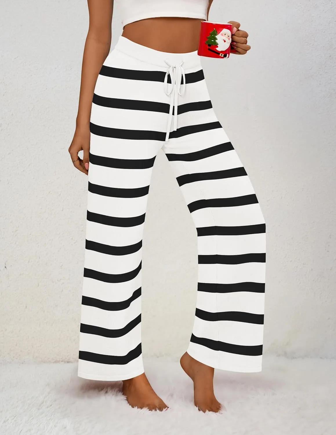 ZESICA Womens Casual Striped Wide Leg Pants Elastic Waist Drawstring Knit Loose Soft Pajama Lounge Pants Fall Clothes