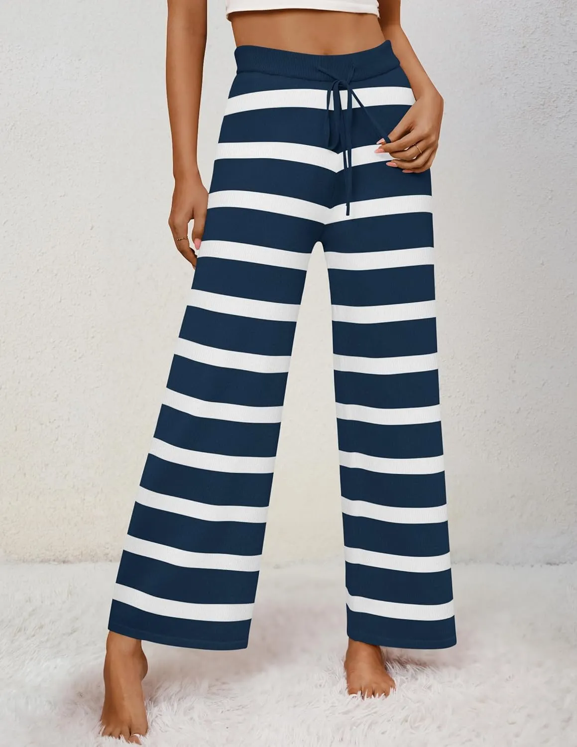 ZESICA Womens Casual Striped Wide Leg Pants Elastic Waist Drawstring Knit Loose Soft Pajama Lounge Pants Fall Clothes