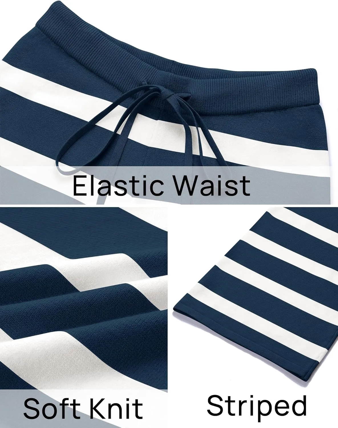 ZESICA Womens Casual Striped Wide Leg Pants Elastic Waist Drawstring Knit Loose Soft Pajama Lounge Pants Fall Clothes