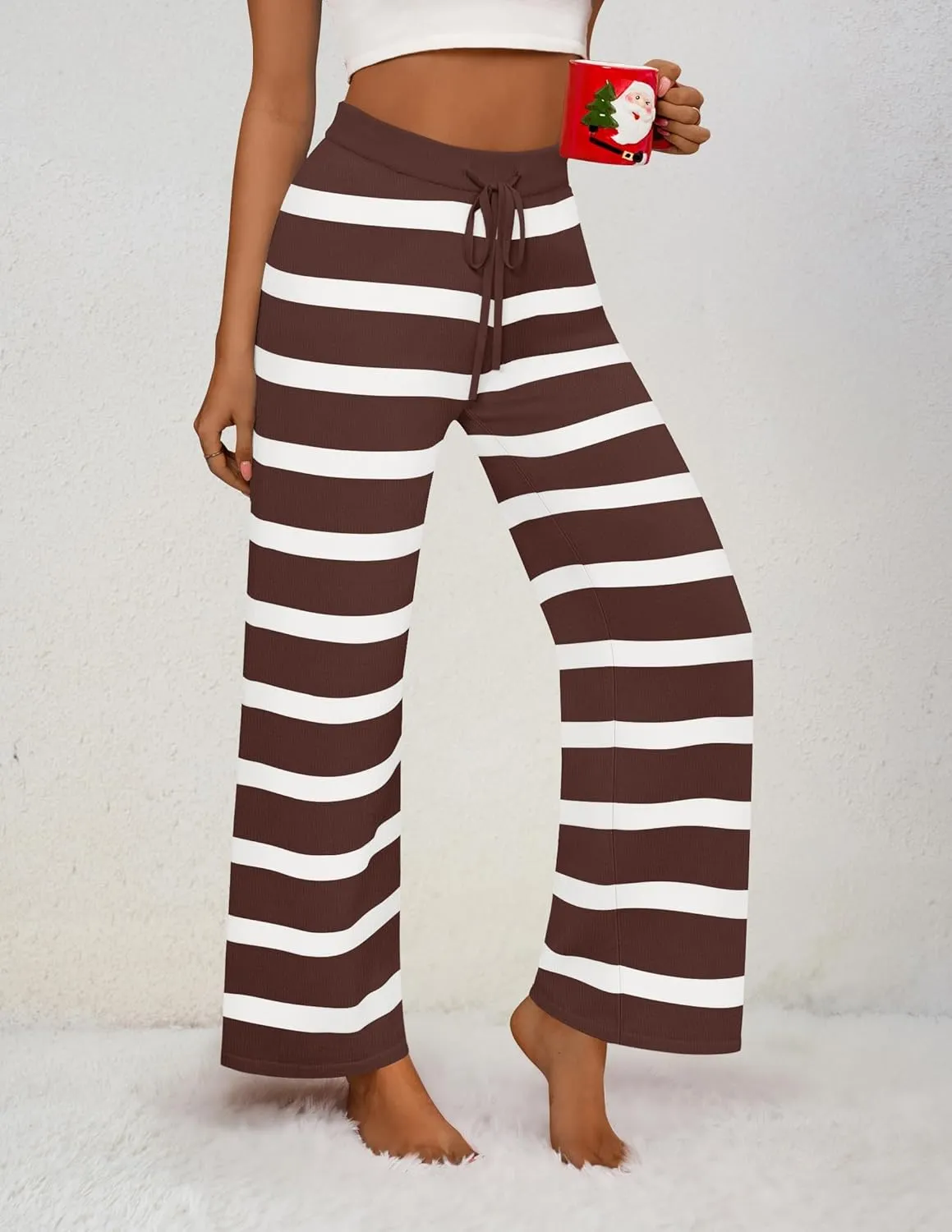 ZESICA Womens Casual Striped Wide Leg Pants Elastic Waist Drawstring Knit Loose Soft Pajama Lounge Pants Fall Clothes