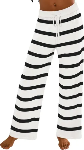 ZESICA Womens Casual Striped Wide Leg Pants Elastic Waist Drawstring Knit Loose Soft Pajama Lounge Pants Fall Clothes