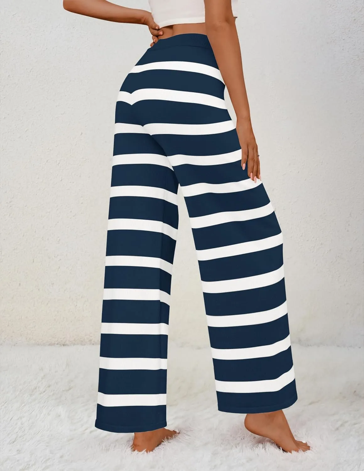 ZESICA Womens Casual Striped Wide Leg Pants Elastic Waist Drawstring Knit Loose Soft Pajama Lounge Pants Fall Clothes